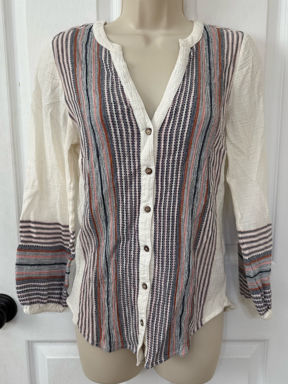 Liverpool Los Angeles Cream Boho Stripe Button Front Peasant Blouse XS - Picture 2 of 14